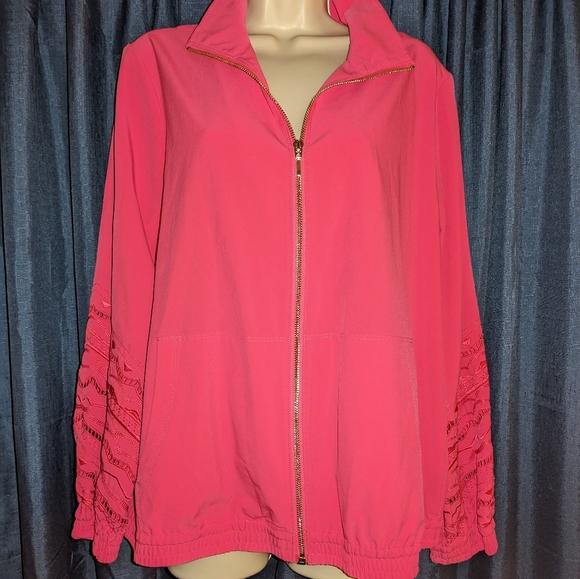 Chico's Jackets & Blazers - CHICO'S Zenergy Cutout Jacket, Azalea HOT PINK Gold Zip Front Embroidered NWT